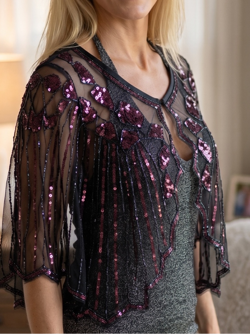 Sequin Embellished Sheer Cape Shawl Black With Purple & Blue Embellishment OS